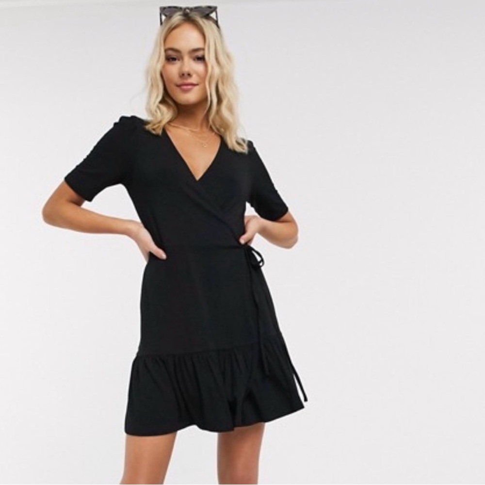 ASOS Black 3/4 Sleeve V Neck Wrap Dress